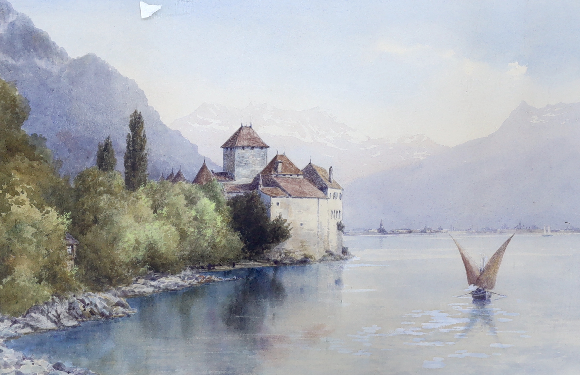 Fred C. Dixon (b. 1902-1992), watercolour, 'Chateau Chillon', signed, together with another mid 19th century watercolour landscape and a Dutch oil on canvas, barges, largest 29 x 47cm